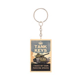 Civil Defence Tank Keyring inspired by classic wartime posters with the slogan I make  my own parking space.