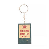 Civil Defence Air raid Keyring inspired by classic wartime posters with the slogan Your nearest shelter is this way or possibly that way.