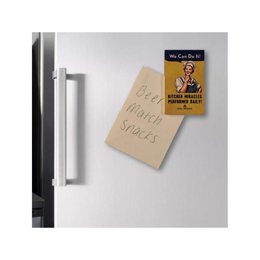 Civil Defence magnet with slogan text, We can do it! Kitchen Miracles performed daily!