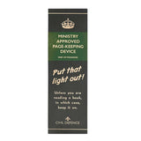 Civil Defence green bookmark with slogan text Ministry Approved Page Keeping Device and put that light out!