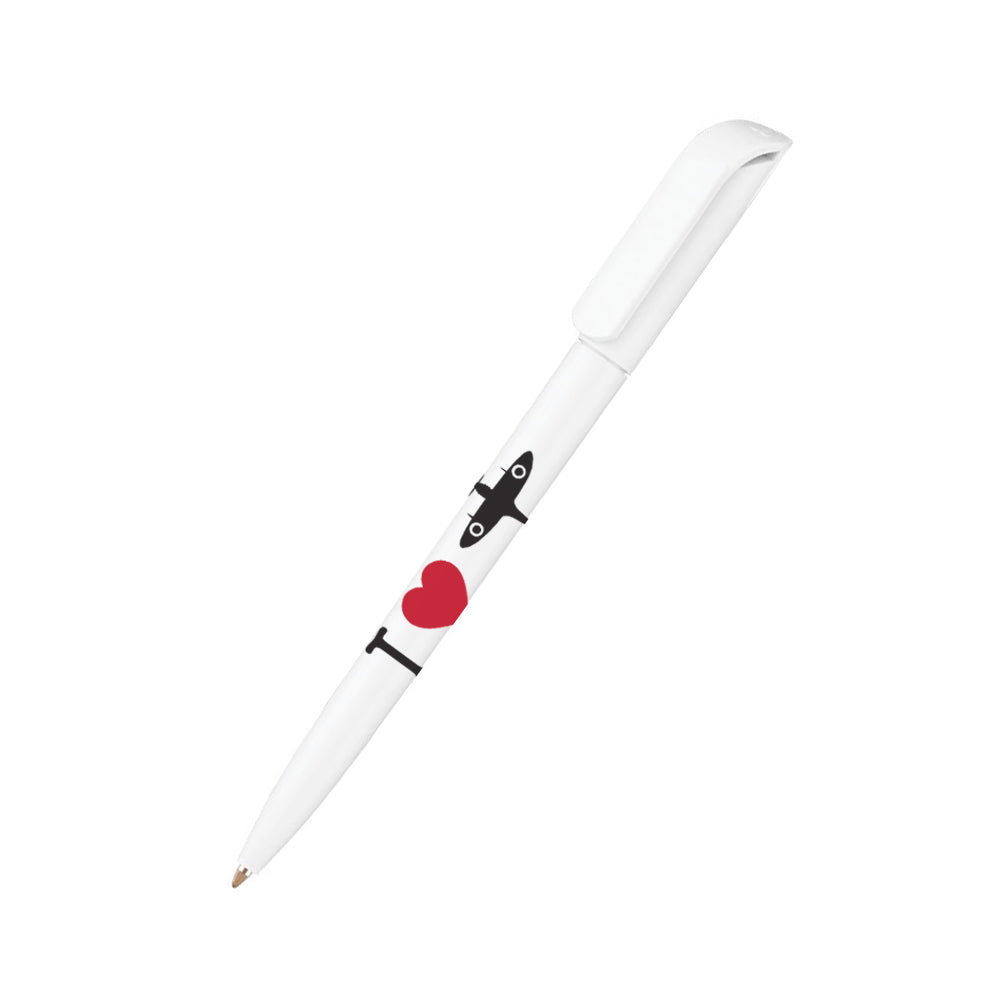 A white eco-friendly twist-action ballpen made from recycled plastic, featuring an “I Love Spitfire” design.