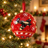 A fair trade hand painted, papier-mâché bauble designed exclusively for the Royal Air Force Museum. It features three Spitfires flying around, RAF roundels and white snowflakes,