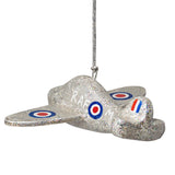 Exclusive Spitfire Christmas Tree Decoration, painted in shimmering silver with sparkling silver glitter. Each decoration is individually handmade from papier-mâché and carefully hand-painted, making each one unique. Chocks away!