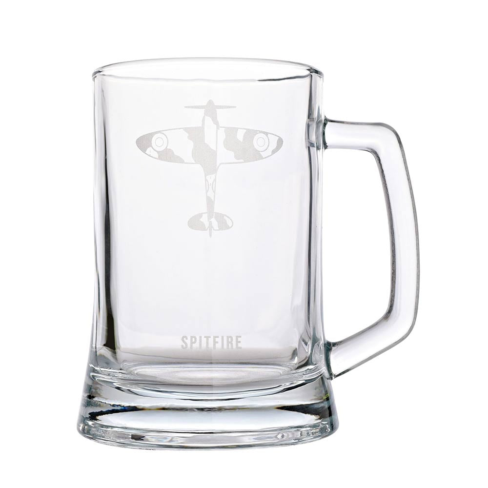RAF Spitfire aircraft etched on glass tankard. 1 pint.