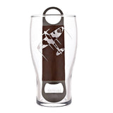 RAF etched Spitfire Pint glass with bottle opener, leather bound and embossed Spitfire aircraft on front.
