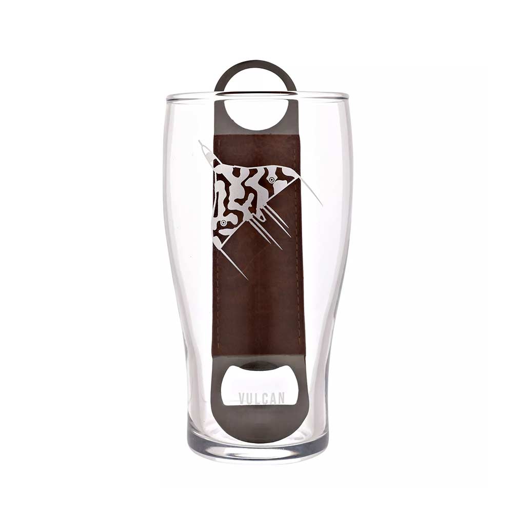 RAF official license Vulcan etched on pint glass with leather bottle opener.