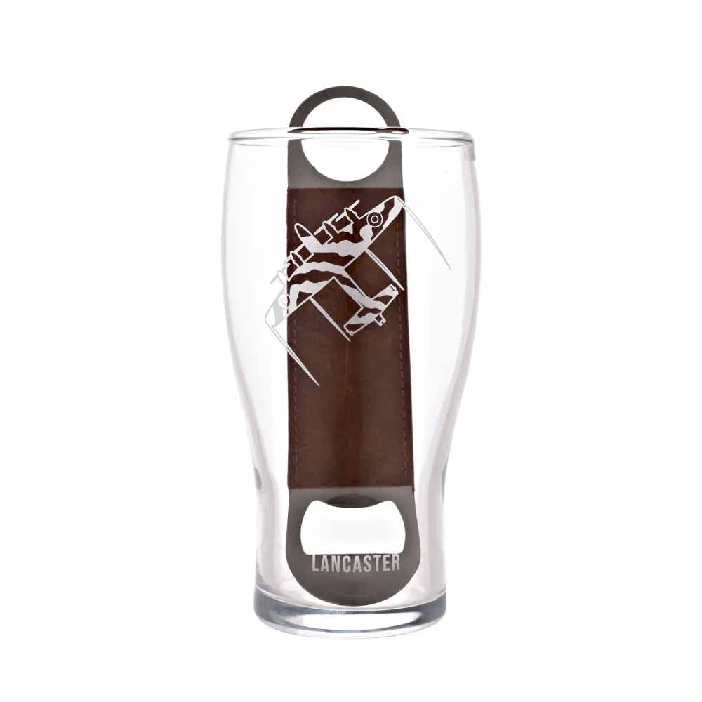 RAF etched Lancaster Pint glass with bottle opener, leather bound and embossed Lancaster aircraft on front.