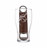 RAF etched Lancaster Pint glass with bottle opener, leather bound and embossed Lancaster aircraft on front.
