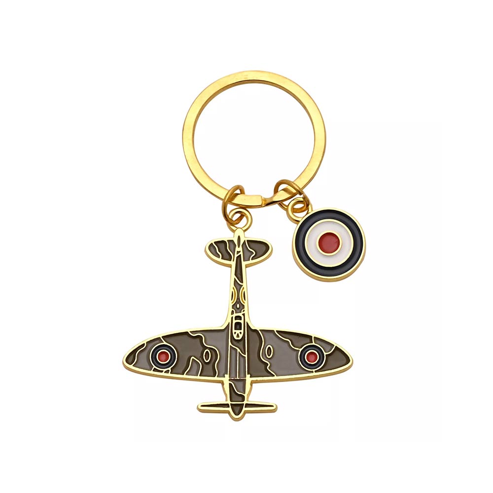 RAF official licence Spitfire gold plated enamel keyring with the RAF roundel charm attached on ring.