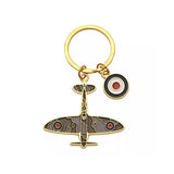 RAF official licence Spitfire gold plated enamel keyring with the RAF roundel charm attached on ring.