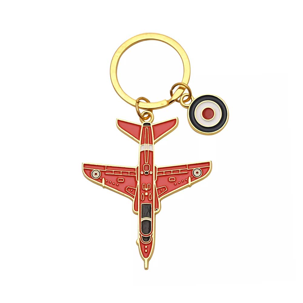 Red Arrows shape enamel metal keyring with the RAF Roundel charm attached to ring loop.