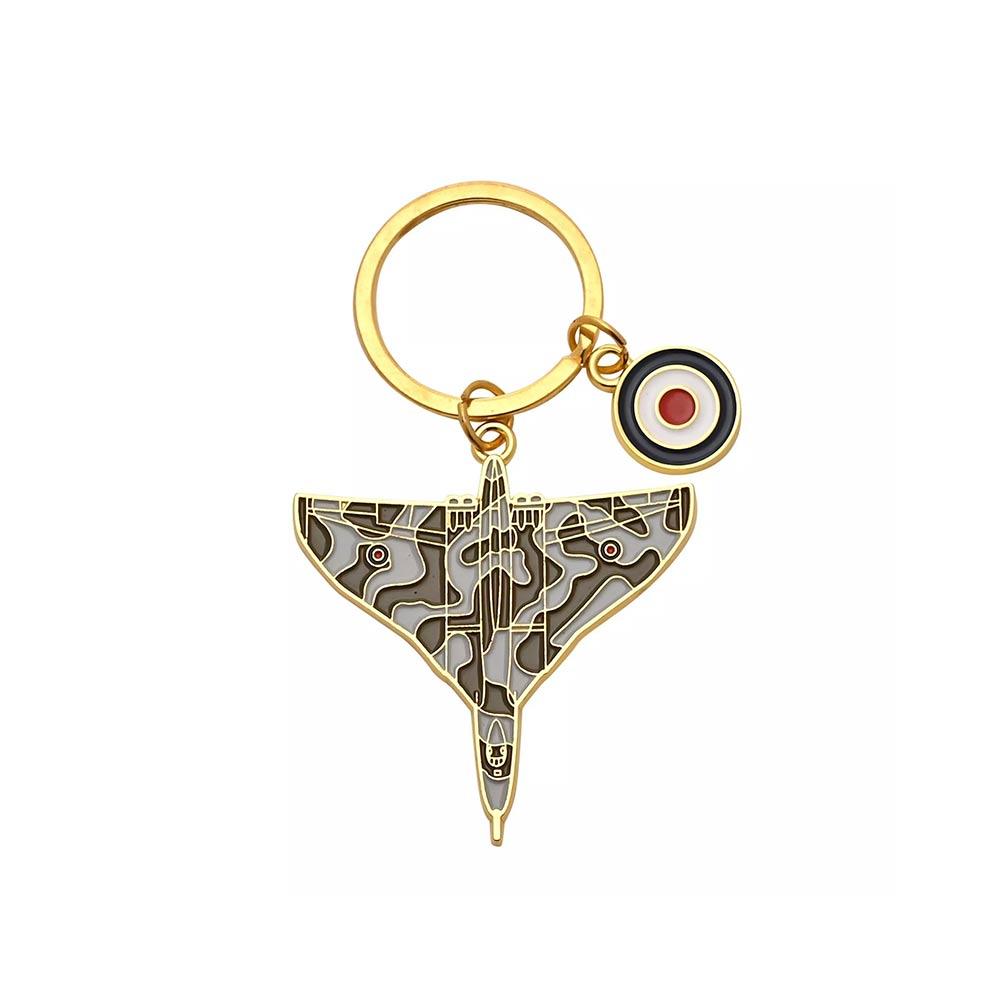 RAF official License Vulcan gold plated enamel keyring with RAF Roundel charm attached to ring.