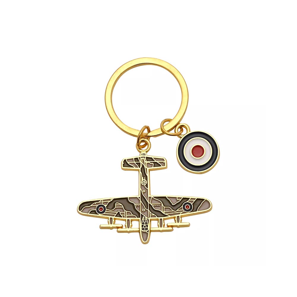 RAF official licence Lancaster gold plated enamel keyring with RAF Roundel charm attached to ring.