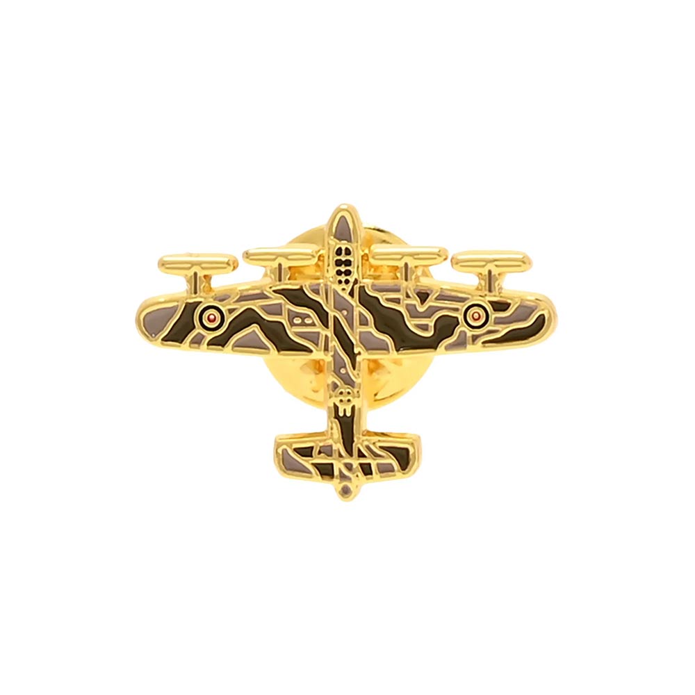 RAF official license Lancaster gold plated enamel pin in classic green and grey camouflage design accented by the distinctive RAF Roundel on each wing.