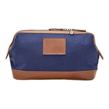 RAF Vulcan design canvas and faux leather wash bag in navy colour with brown outline.