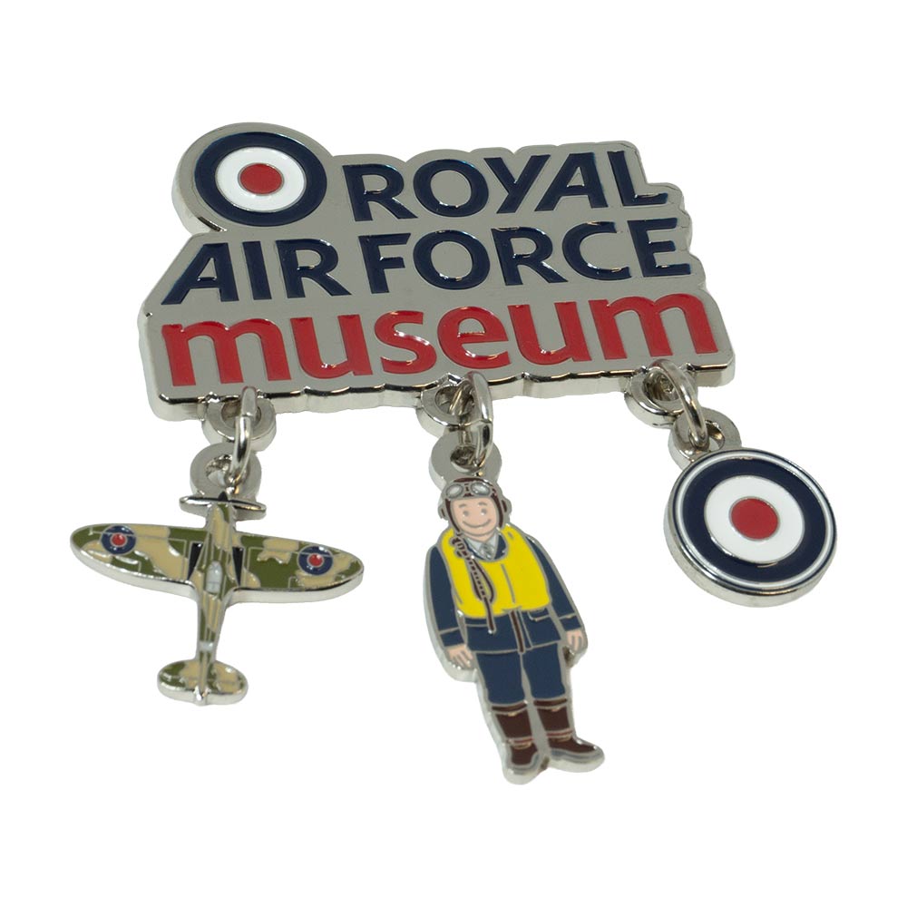 Royal Air Force Museum Logo Metal magnet with three charms hanging, Spitfire, RAF Pilot and Roundel.