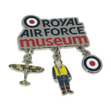 Royal Air Force Museum Logo Metal magnet with three charms hanging, Spitfire, RAF Pilot and Roundel.