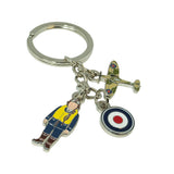 Royal Air Force Museum keyring with three charms hanging, Spitfire, RAF Pilot and Roundel.