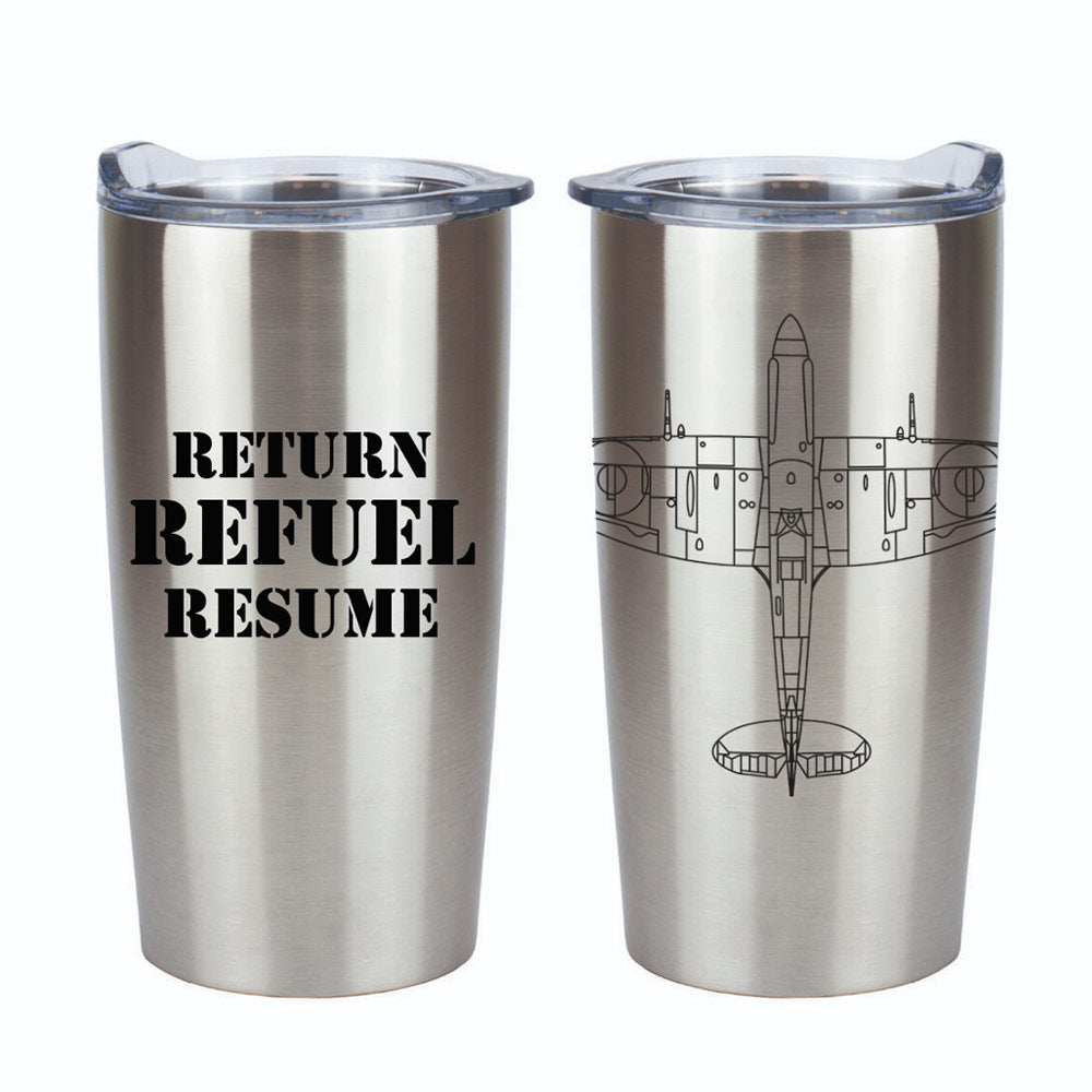 Silver double-walled tumbler featuring Spitfire technical design and 'Refuel' wording on the back.