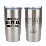 Silver double-walled tumbler featuring Spitfire technical design and 'Refuel' wording on the back.