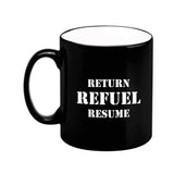Spitfire Tech blueprint design black mug with Return,Refuel,Resume text on the back of the mug.