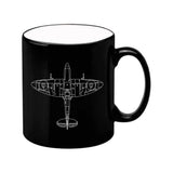 Spitfire Tech blueprint design black mug with Return,Refuel,Resume text on the back of the mug.