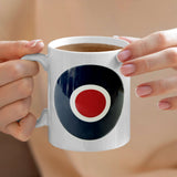White ceramic mug, featuring the iconic RAF Roundel on one side and the RAF Museum logo on the other.