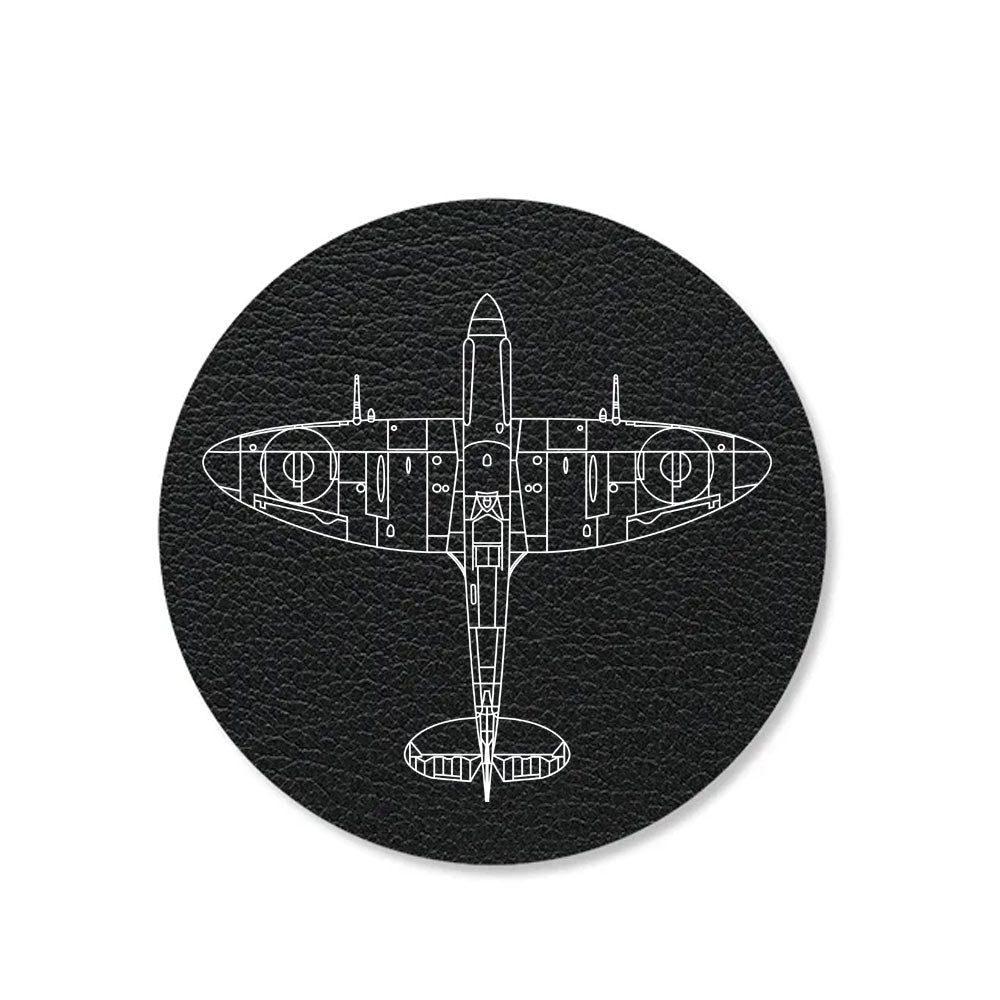 Round black coaster featuring a Spitfire Tech design, made from recycled leather.