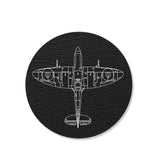 Round black coaster featuring a Spitfire Tech design, made from recycled leather.