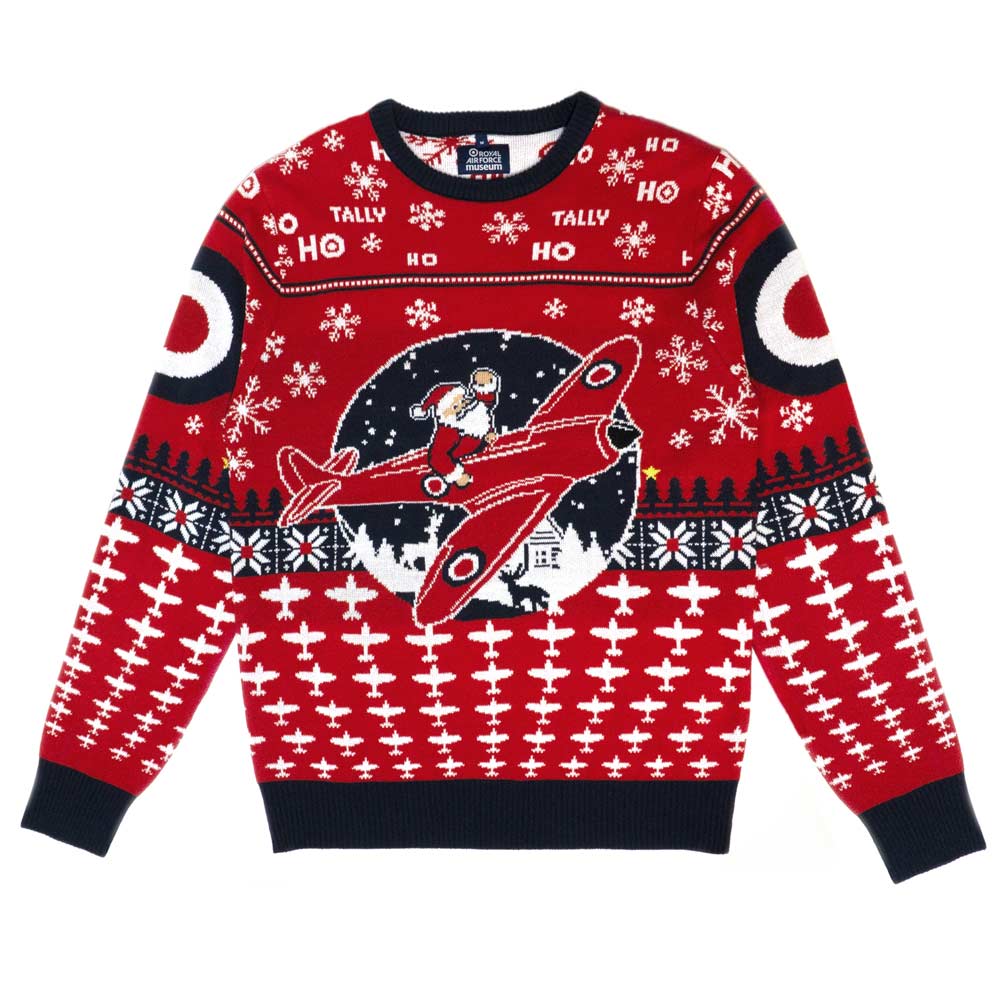 Designed exclusively for the Royal Air Force Museum, this year's jumper features Santa flying in a Spitfire, roundels on both sleeves and "Tally Ho Ho Ho" across the shoulders.