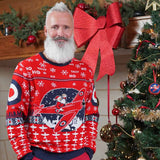 Designed exclusively for the Royal Air Force Museum, this year's jumper features Santa flying in a Spitfire, roundels on both sleeves and "Tally Ho Ho Ho" across the shoulders.