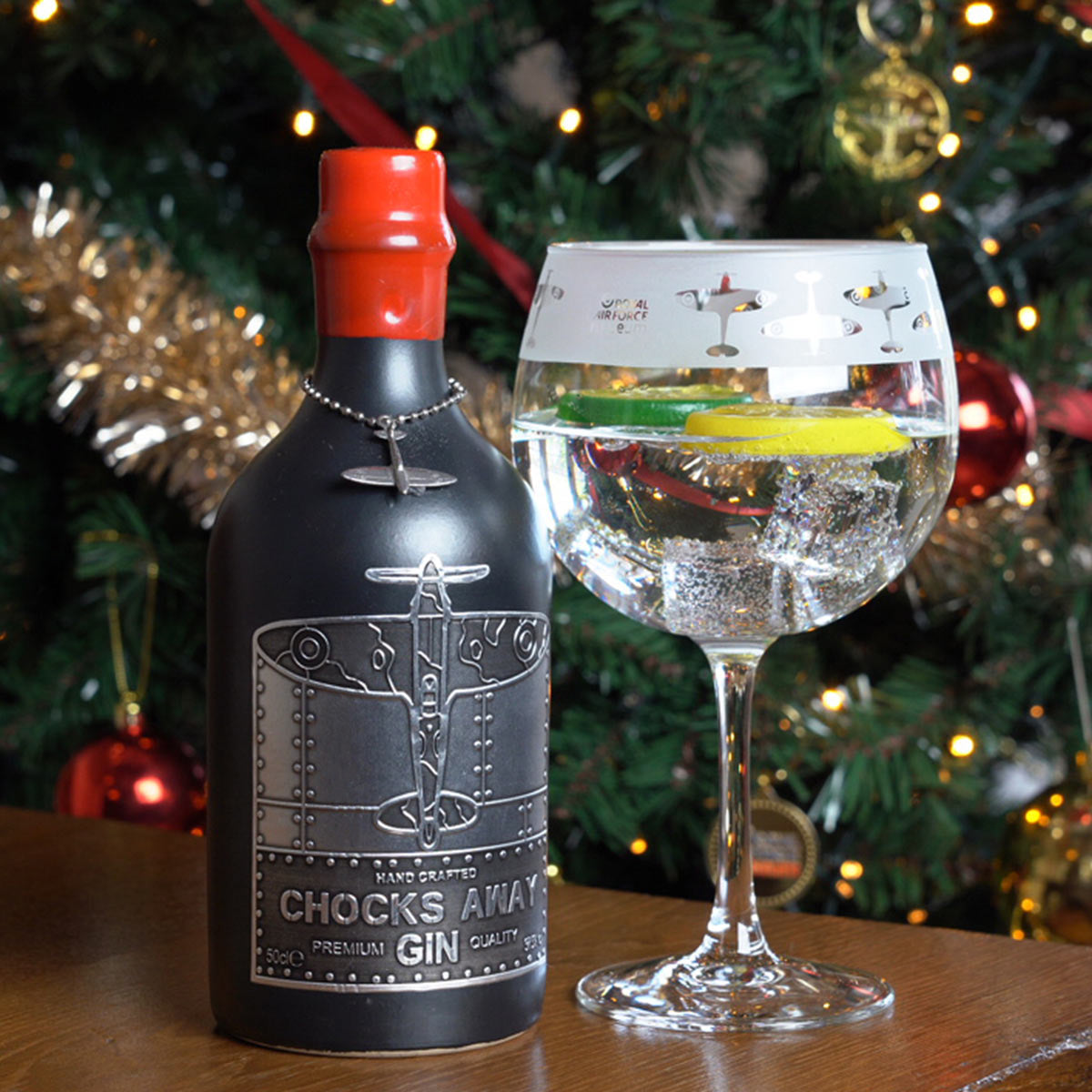 Bundle Offer. A bottle of Chocks Away Gin (50cl) and a Spitfire Balloon Gin Glass. Feature Spitfire Design on both products.