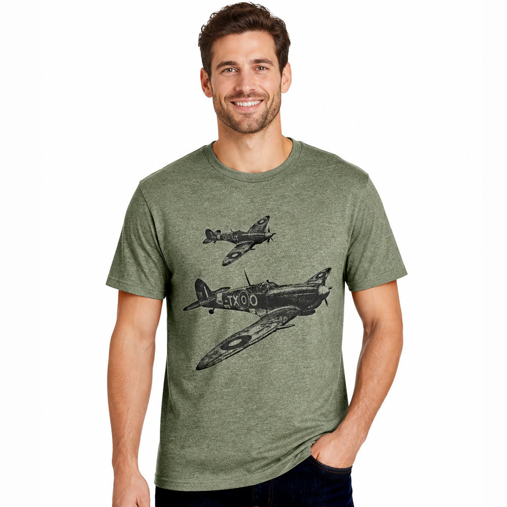 Men’s cotton crew neck military green T-shirt featuring large and small Spitfire sketch designs on the front.