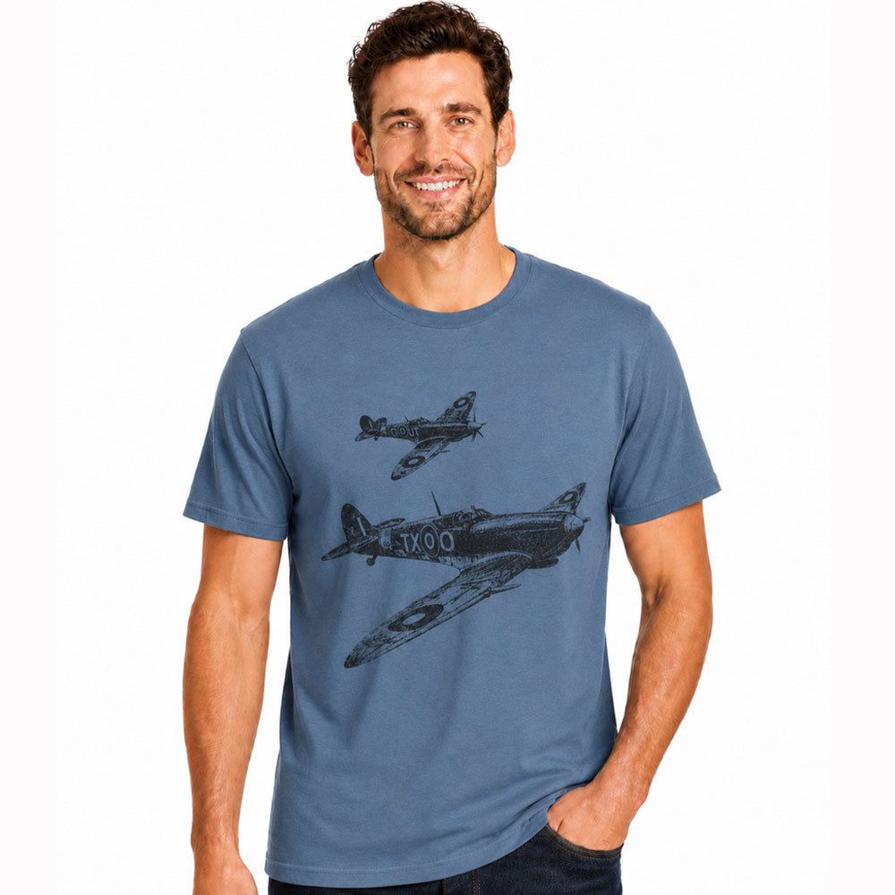 Men’s blue cotton crew neck T-shirt featuring large and small Spitfire sketch designs on the front.