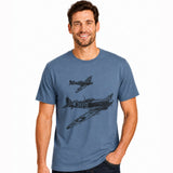 Men’s blue cotton crew neck T-shirt featuring large and small Spitfire sketch designs on the front.