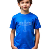 A royal blue kids T-shirt features a Spitfire plane design on the front.