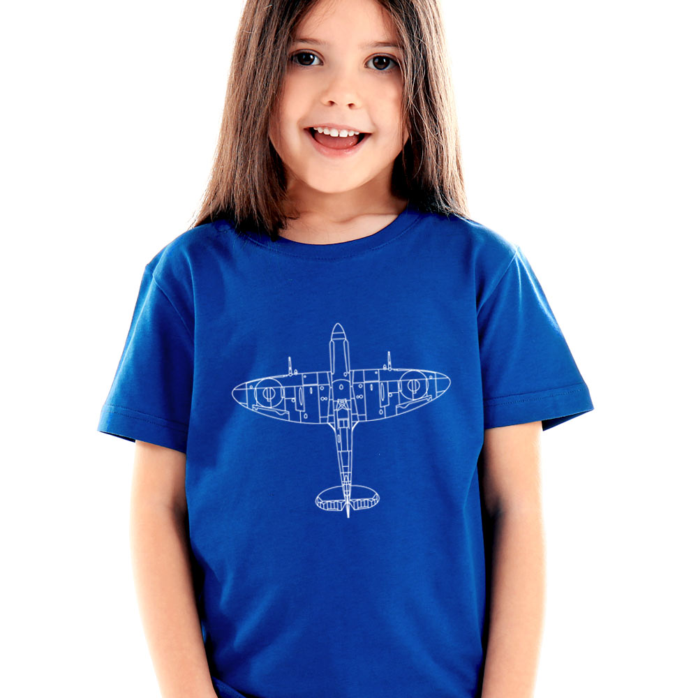 A royal blue kids T-shirt features a Spitfire plane design on the front.