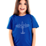 A royal blue kids T-shirt features a Spitfire plane design on the front.