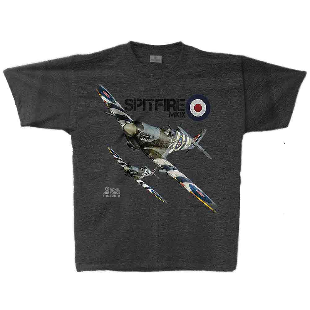 Charcoal colored t-shirt with a Spitfire MKIX graphic.
