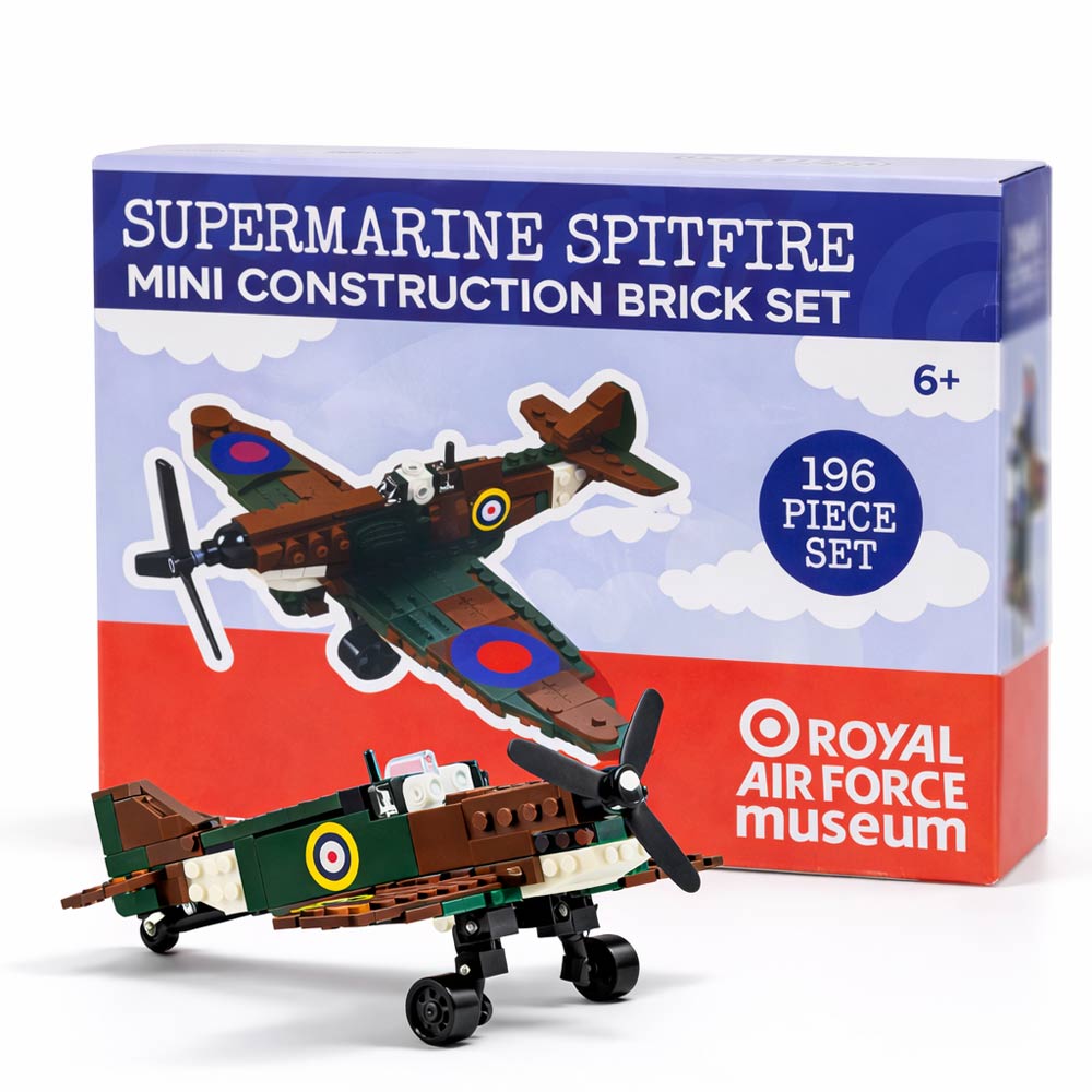 RAF Museum bespoke Supermarine Spitfire brick set. This set includes 196 building bricks, sticker sheet and an easy-to-follow instruction manual detailing each step of the building process.