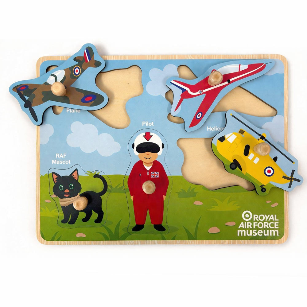 Children’s RAF-themed wooden peg puzzle featuring plane, jet, helicopter, pilot and mascot with easy-grip knobs on a colourful sky and grass background.