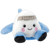 A plush toy aircraft shaped with light blue wings and feet, pink embroidered cheeks, and black eyes, shown on a plain white background.