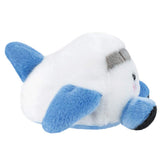 A plush toy aircraft shaped with light blue wings and feet, pink embroidered cheeks, and black eyes, shown on a plain white background. Side profile.