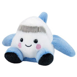 A plush toy aircraft shaped with light blue wings and feet, pink embroidered cheeks, and black eyes, shown on a plain white background.