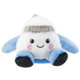 A plush toy aircraft shaped with light blue wings and feet, pink embroidered cheeks, and black eyes, shown on a plain white background.