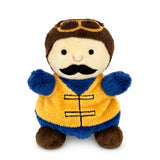 Baby Pilot Sensory Soft Toy with embroidered pilot details, soft plush fabric, blue and yellow outfit, and beans inside for added tactile sensory play.
