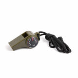 Olive-green survival whistle with built-in compass and and thermometer.