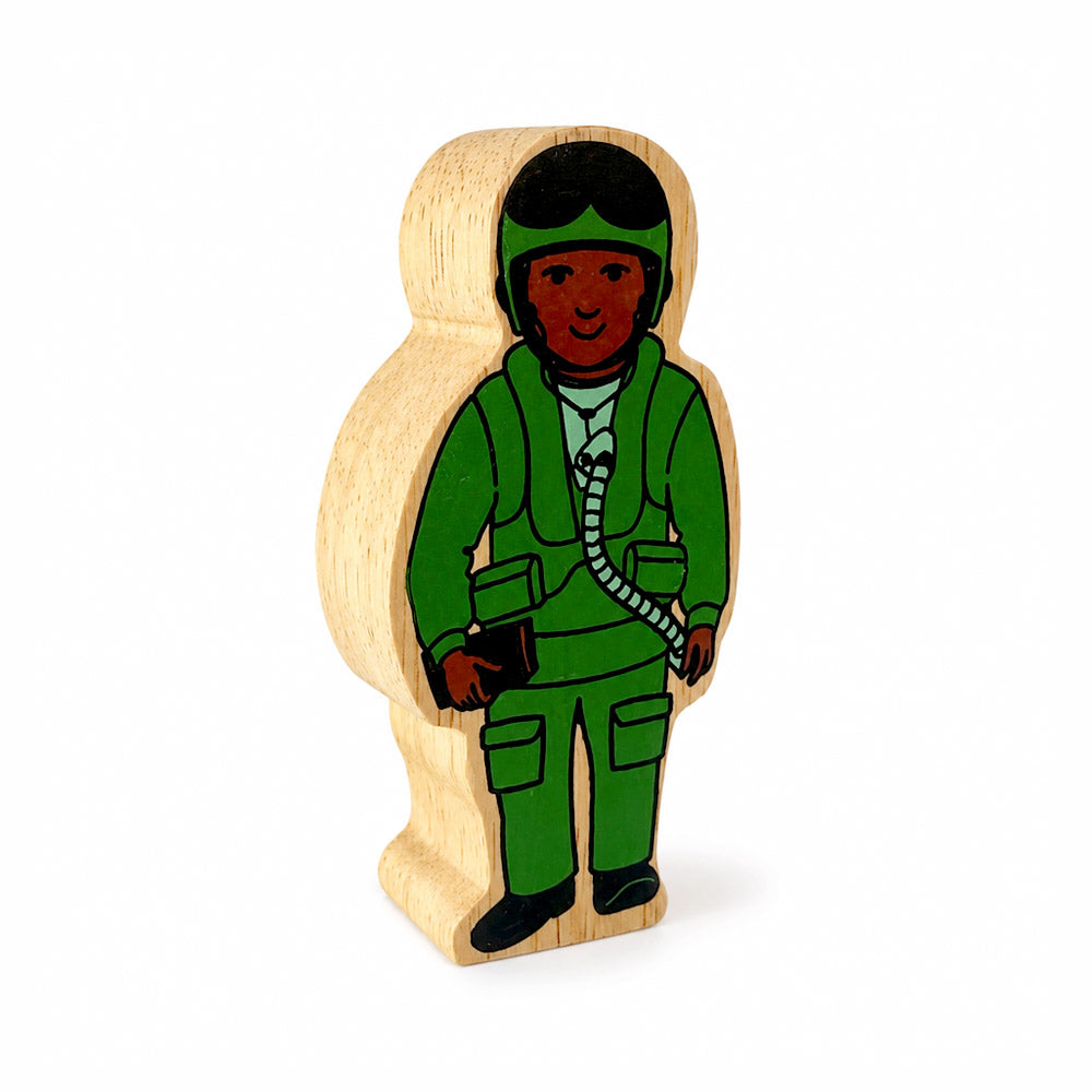 A colourful fair trade wooden Air Force Officer, handcrafted in Sri Lanka from sustainable rubberwood with non-toxic paints. Printed with a green design on both sides and a natural wood grain edge - each one is unique!