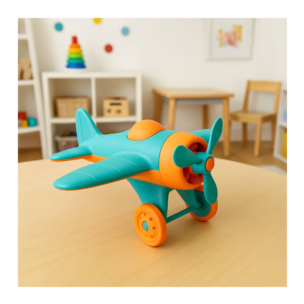 Eco friendly plane toy, suitable for babies and toddler. Recyclable material. Comes in blue and orange colour, selected at random.
