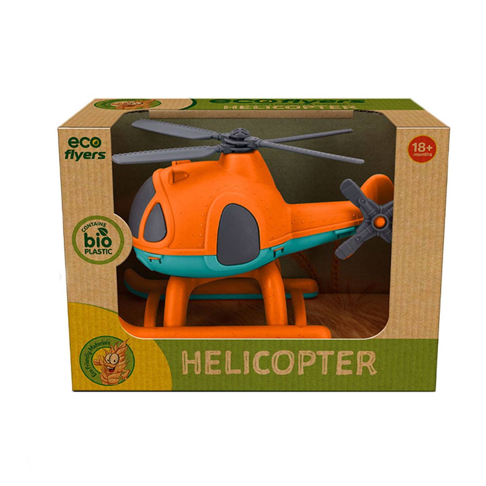 Eco friendly helicopter toy, suitable for babies and toddler. Recyclable material. Comes in blue and orange colour, selected at random.